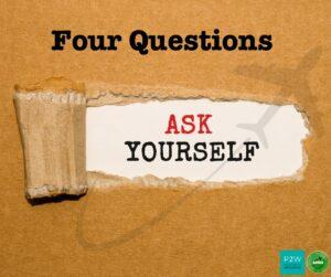 Torn paper reveals the text "Ask Yourself" on a brown background with the words "Four Questions" at the top. Two logos are at the bottom right.