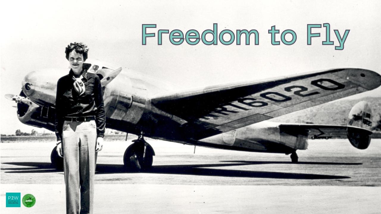 A woman stands in front of a vintage airplane with the text "Freedom to Fly" displayed above.